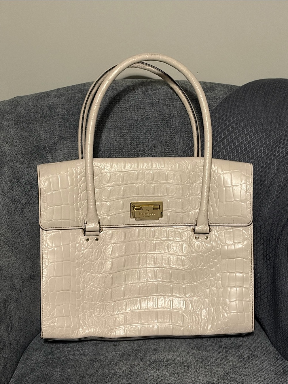 kate spade Cream Croc-Embossed Structured Shoulder Bag with Gold Plaque